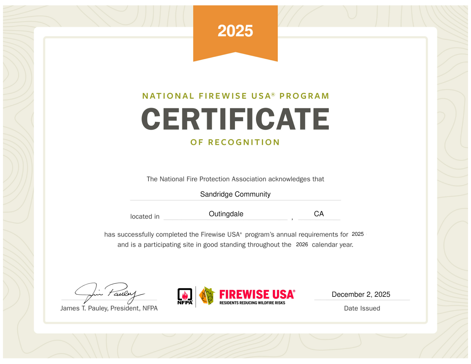 FireWise 2025 Certificate for SRFSC